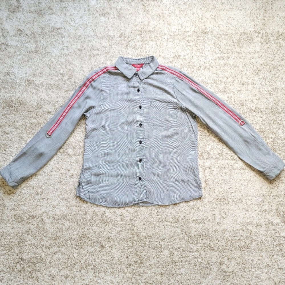 Guess Black Red White Striped Collar Blouse Top Sz Small